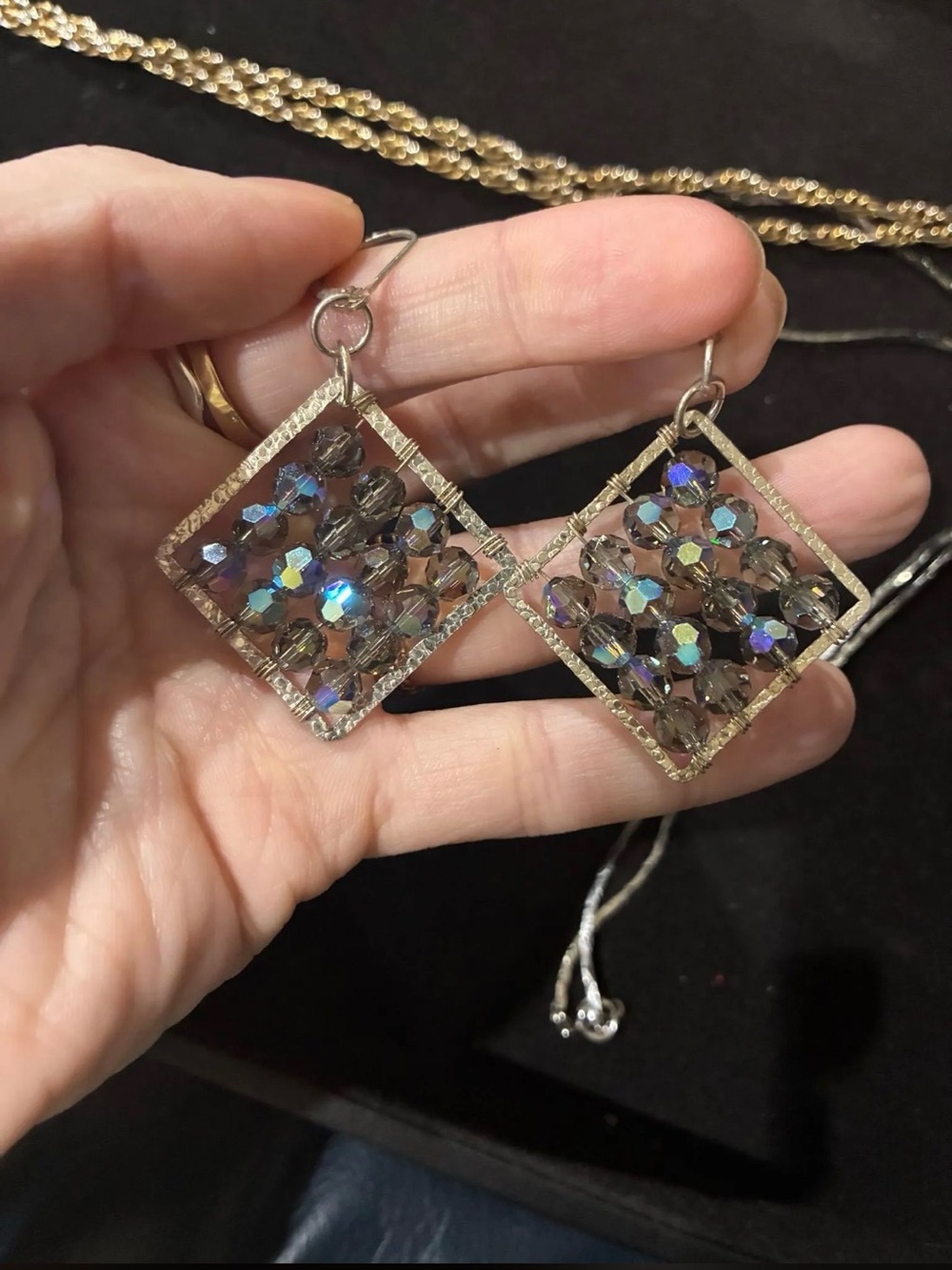 Vintage Sterling Silver Blue AB crystal Beaded Earrings